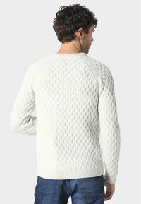 Lichtgekleurde gebreide trui met een gestructureerd kabelpatroon en ribgebreide boord. Voorzien van raglanmouwen en een ronde hals.