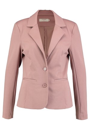 Light pink blazer with a notched collar, single-breasted design, two buttons, and two front pockets. Smooth fabric with slight sheen.