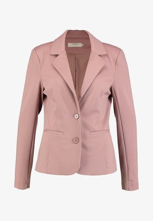 Light pink blazer with a notched collar, single-breasted design, two buttons, and two front pockets. Smooth fabric with slight sheen.