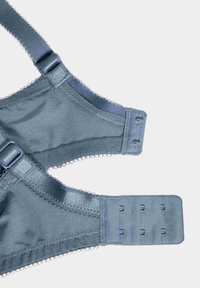 Světle modrá podprsenka s hladkou tkaninou, nastavitelnými ramínky a zapínáním na háčky s několika možnostmi nastavení. Jemné vroubkované okraje.