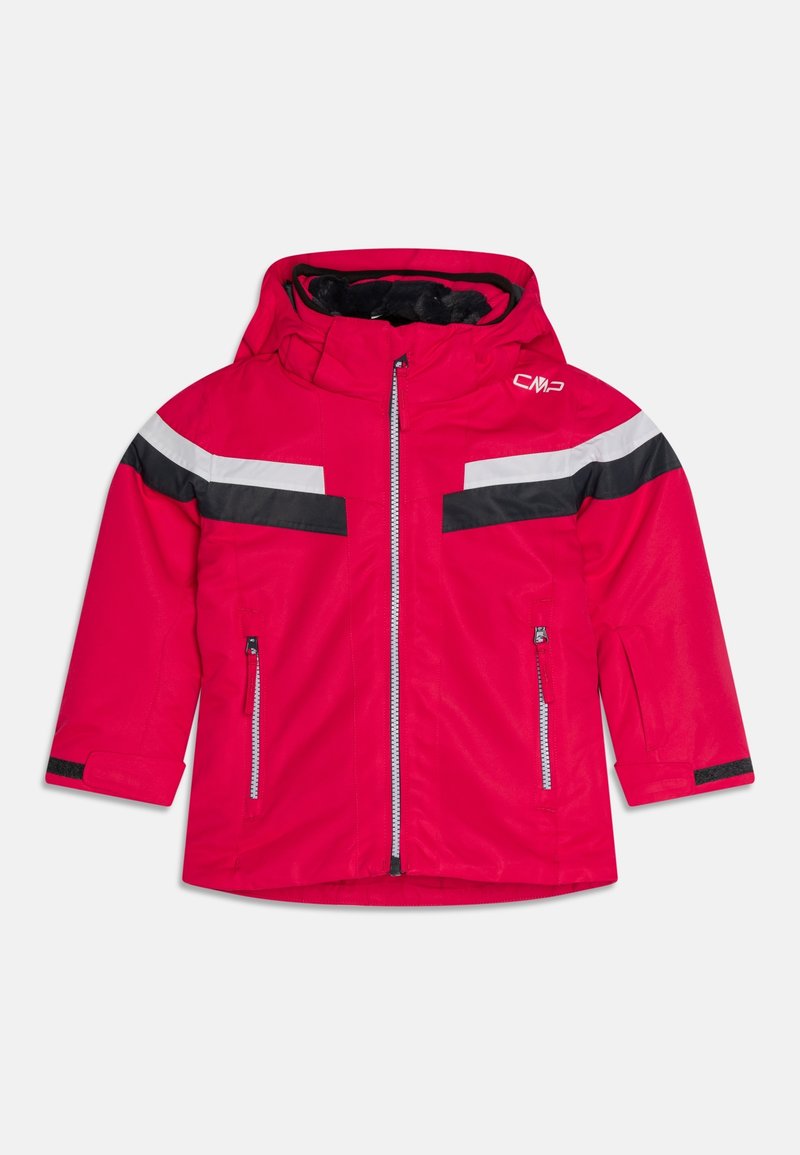 Rote wasserdichte Jacke mit Kapuze, die schwarze und weiße horizontale Streifen, zwei mit Reißverschluss versehene Fronttaschen und elastische Bündchen aufweist.