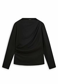 Haut noir à manches longues avec un détail drapé asymétrique sur le devant et un col bateau, posé à plat sur fond blanc.