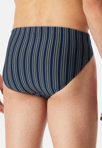 Dunkelblaue Schwimmslips mit vertikalen weißen Streifen, elastischem Taillenbund und einer enganliegenden Passform, die für Komfort und Flexibilität sorgt.