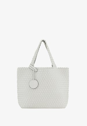 Woven white leather tote bag with dual handles, featuring a round accent and a flat, rectangular shape. Smooth texture and minimalist design.