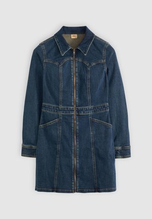 Dunkelblaues Denim-Jackenkleid mit Reißverschluss vorne, Kragen, langen Ärmeln und zwei vorderen Taschen. Verfügt über kontrastierende Nähte und eine taillierte Passform.