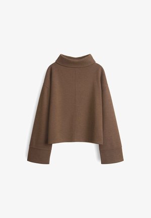 Bruine cropped sweater met een hoge col, brede mouwen en een zachte textuur. Heeft naadtoetsen op de achterkant en een ontspannen pasvorm.