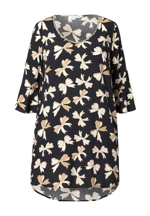 Czarna tunika z dekoltem w kształcie litery V i rękawami o długości trzech ćwiartek, ozdobiona beżowymi i białymi wzorami kwiatowych kokard. Lekka tkanina.