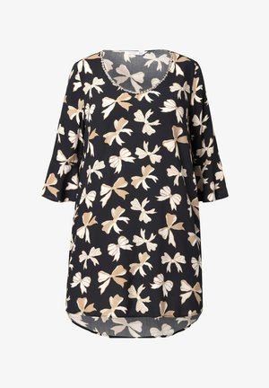 Tunica nera con scollatura a V e maniche a tre quarti, decorata con motivi floreali a fiocco beige e bianchi. Tessuto leggero.