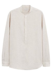 Chemise en lin beige à manches longues avec col mandarin et patte de boutonnage à quatre boutons au centre devant.