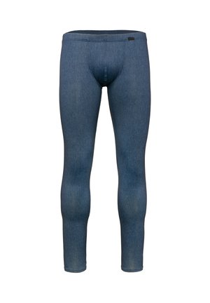 Schmale blaue Denim-Leggings für Herren mit elastischem Bund, ohne sichtbare Taschen oder Reißverschlüsse, von vorne vor weißem Hintergrund gezeigt.