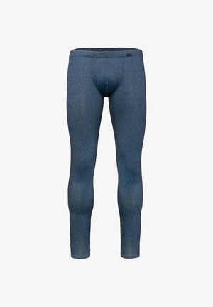 Leggings de mezclilla azul para hombre de ajuste ceñido con cinturilla elástica y sin bolsillos ni cremalleras visibles, mostrados de frente sobre un fondo blanco.