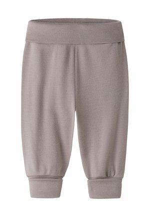 Svetlosivé detské nohavice so širokým elastickým pásom a nariasenými manžetami, vyrobené z mäkkej, elastickej pleteniny.
