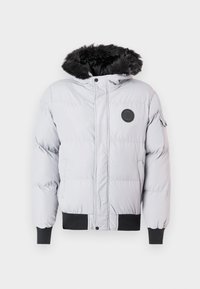 Jachetă gri căptușită, cu glugă căptușită cu blană sintetică, manșete și tiv ribbat. Conține un patch rotund cu logo pe piept și închidere cu fermoar frontal.