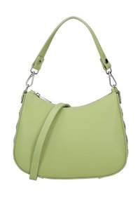 Sac à épaule en cuir vert clair avec une poignée courte, une bandoulière amovible et des détails en métal argenté sur fond blanc.