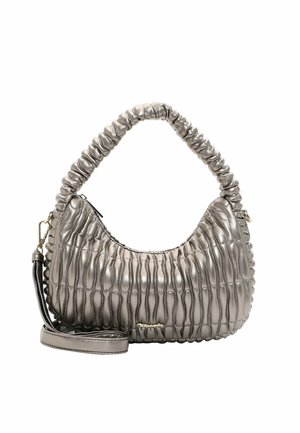Metallic silver quilted handbag with scrunched top handle and detachable shoulder strap, featuring a zipper closure and small gold logo detail.