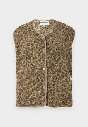 Veste ar leopardzebra rakstu un bēša krāsas apdari, ar pogu aizdari un teksturētu audumu. Etiķete redzama sānos.