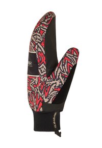 Fäustlingshandschuh mit einem bunten abstrakten Muster in Rot, Grau und Schwarz. Verfügt über eine strukturierte Handfläche und einen gerippten Bündchen für einen engen Sitz.