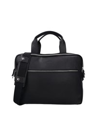 Borsetta nera in pelle con doppi manici, tracolla regolabile, chiusura con zip superiore e tasca anteriore con zip. Texture liscia e design minimal.