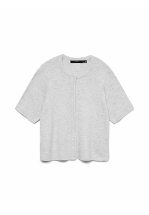 Cardigan tricoté gris clair à manches courtes avec encolure ronde et boutons-pression à l'avant, fabriqué en tissu doux et texturé.