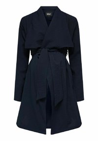 Marineblauwe overslagjas met een gestructureerde afwerking, voorzien van lange mouwen, een strikceintuur in de taille en een open ontwerp aan de voorkant.