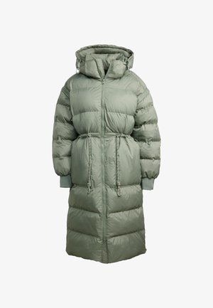 Padded long coat in muted green, featuring a hood, elastic drawstring waist, front zipper, and ribbed cuffs for warmth and comfort.