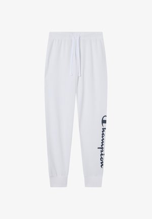 Pantalones deportivos blancos hechos de tela suave, con una cintura elástica con cordón, puños acanalados y un logo azul marino impreso en el costado.