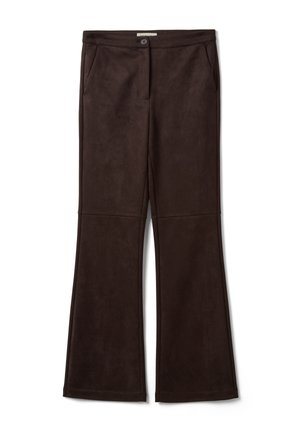 Pantaloni svasati in suede marrone scuro con chiusura frontale con bottoni e tasche laterali, mostrati stesi su sfondo bianco.