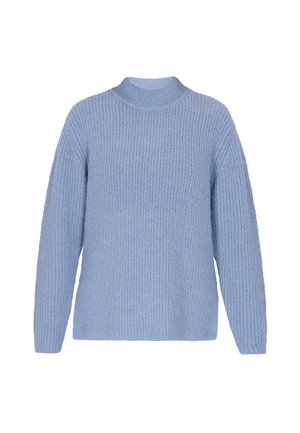 Svetlomodrý pletený sveter s vysokým golierom, dlhými rukávmi a ribbovanou textúrou. Má štvorcový tvar a mäkký, útulný vzhľad.