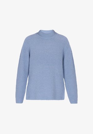 Hellblauer gestrickter Pullover mit hohem Kragen, langen Ärmeln und strukturiertem Rippmuster. Verfügt über eine boxy Form und ein weiches, gemütliches Erscheinungsbild.