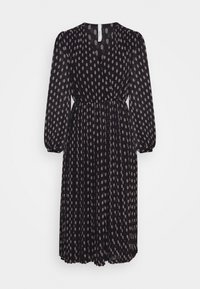 Zwarte midi-jurk met lange mouwen en een klein wit en rood bloemenpatroon, V-hals, elastische taille en geplooide rok.