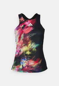 Zwarte sportieve tanktop met een levendig, abstract patroon in roze, paars en groen. Inclusief een effen halslijn en Adidas-logo.