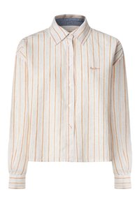 Collared button-up shirt with long sleeves, made of light fabric, featuring vertical white and orange stripes, and a small logo on the chest.