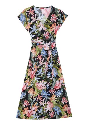 Black floral wrap dress with short sleeves, pink, blue, and orange flowers, green leaves, and a matching fabric belt at the waist.