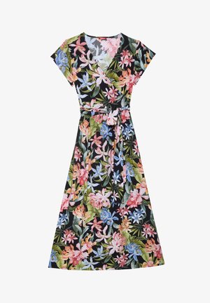 Black floral wrap dress with short sleeves, pink, blue, and orange flowers, green leaves, and a matching fabric belt at the waist.