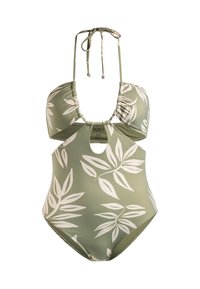 Olijfgroen éénstuksswimsuit met witte bladvormen, geplooid voorkantontwerp, uitsnijding in de taille en verstelbare nekbandjes.