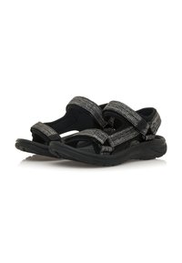 Sandales noires avec des sangles en tissu ajustables présentant un motif texturé, une semelle intérieure rembourrée et des semelles en caoutchouc pour une meilleure adhérence.