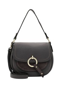 Lederen handtas in donkergrijs, met een suede accent, rond gevormd, met een magnetische flapsluiting en een metalen ronde hardwaredetail.