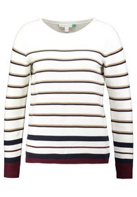 Pasiasty top z długim rękawem, który ma naprzemienne białe, beżowe, granatowe i burgundowe paski; prążkowana struktura; okrągły dekolt; dopasowany krój.