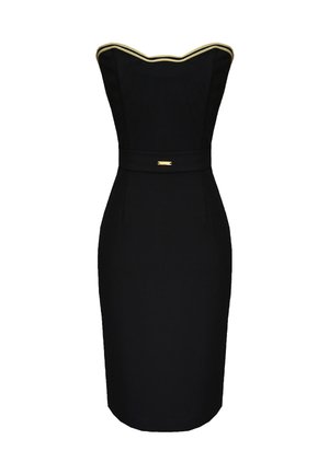 Czarna, bez ramiączkowa sukienka midi z dekoltem w kształcie serca, złotymi detalami na górnej krawędzi oraz pasem w tym samym kolorze z małą złotą plakietką.