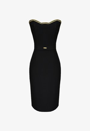 Czarna, bez ramiączkowa sukienka midi z dekoltem w kształcie serca, złotymi detalami na górnej krawędzi oraz pasem w tym samym kolorze z małą złotą plakietką.