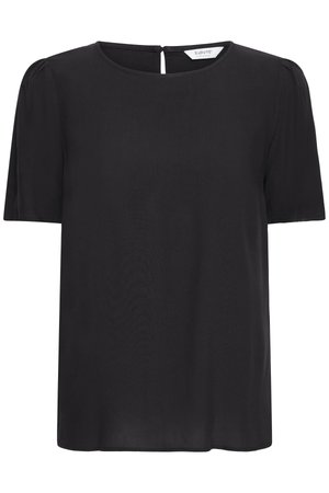 Black short-sleeve blouse with round neckline and slight puff sleeves, button closure at back neck, plain design.