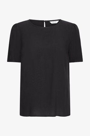 Bluza neagră cu mâneci scurte, decolteu rotund și mâneci ușor bufante, închidere cu nasturi la spatele gâtului, design simplu.