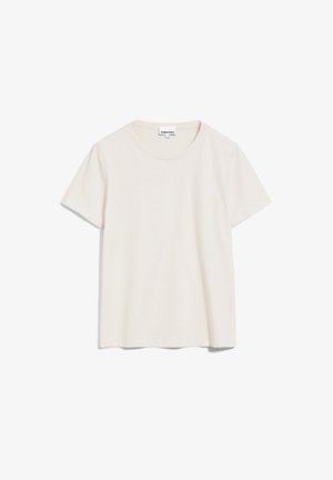 Lichtbeige katoenen t-shirt met korte mouwen, een ronde halslijn en een subtiele logo-detail op de borst. Zachte textuur en relaxte pasvorm.