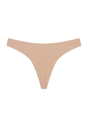 Naga bielizna thong z gładkiego materiału, o minimalistycznym designie z cienkim paskiem w talii i subtelnym detalem logo po boku.