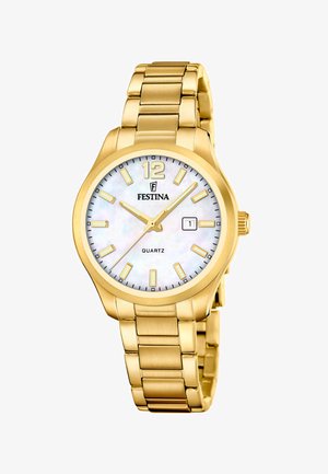 Gouden metalen Festina polshorloge met witte wijzerplaat, gouden uurmarkeringen, datumaanduiding bij 3 uur en drie gouden wijzers die 10:10:36 aangeven.