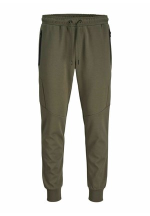 Joggers vert olive fabriqués à partir d'un matériau doux, avec une taille élastique, un cordon de serrage et des poches latérales zippées. Coupe fuselée.