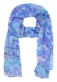 Sciarpa leggera e trasparente, con motivo blu e viola, caratterizzata da un delicato design marmorizzato, con texture liscia e finitura morbida.
