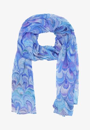 Sciarpa leggera e trasparente, con motivo blu e viola, caratterizzata da un delicato design marmorizzato, con texture liscia e finitura morbida.