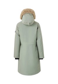 Lichtgroene geïsoleerde parka met een afneembare faux fur capuchon, lange mouwen en een rechte snit. Bevat zwarte manchetten en een gladde textuur.