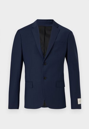 Navy blue blazer made of smooth fabric. Features two buttons, a single chest pocket, and two front pockets. Black lined interior.
